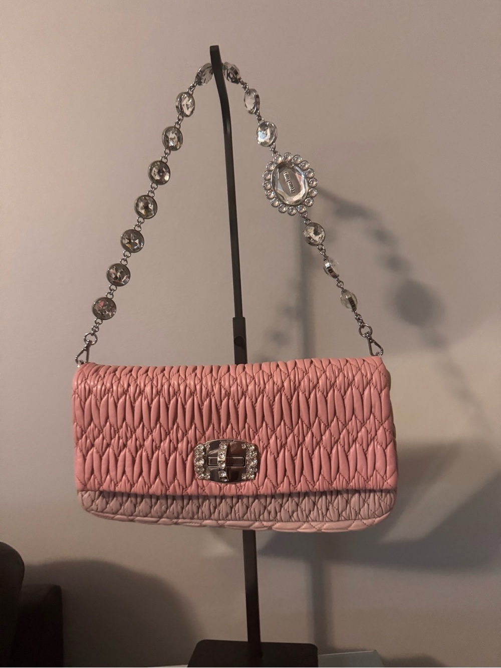 Miu Miu Pink Quilted Shoulder Bag with Crystal-Link Strap